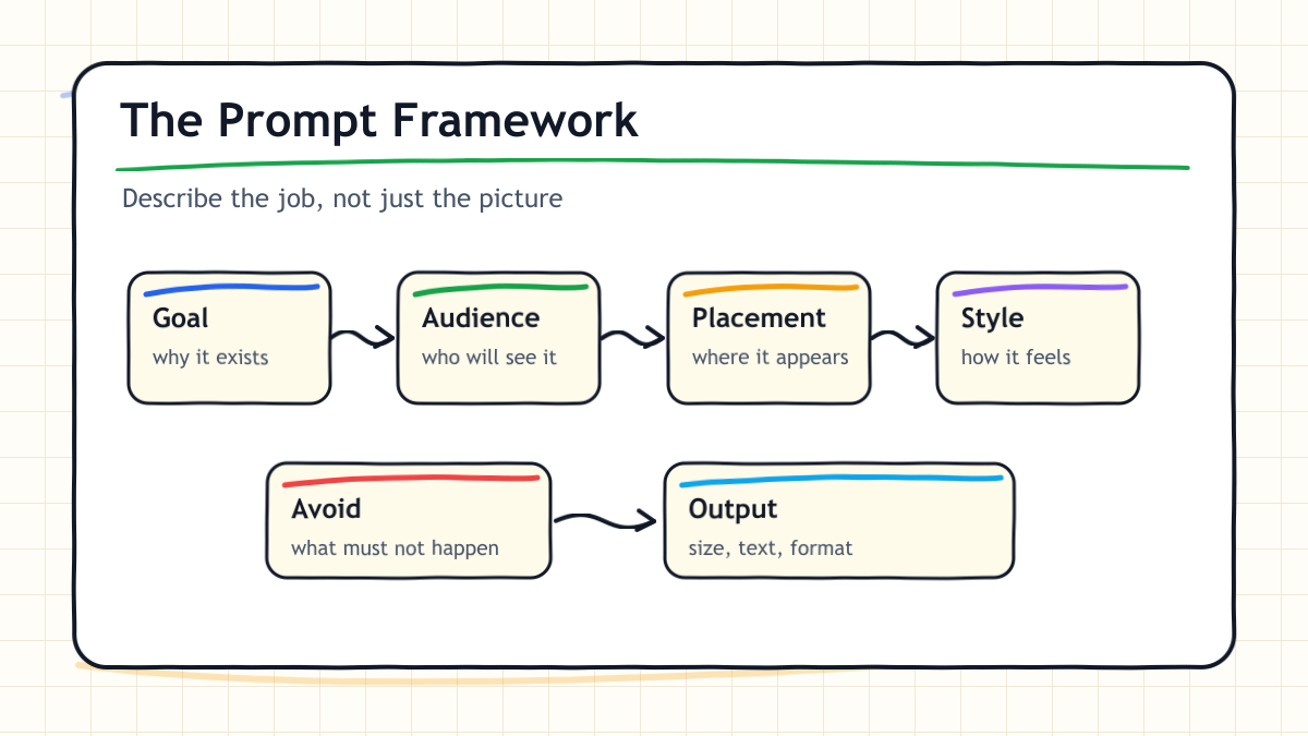 Hand-drawn prompt framework showing goal, audience, placement, composition, style, color, text, avoid, and output requirements