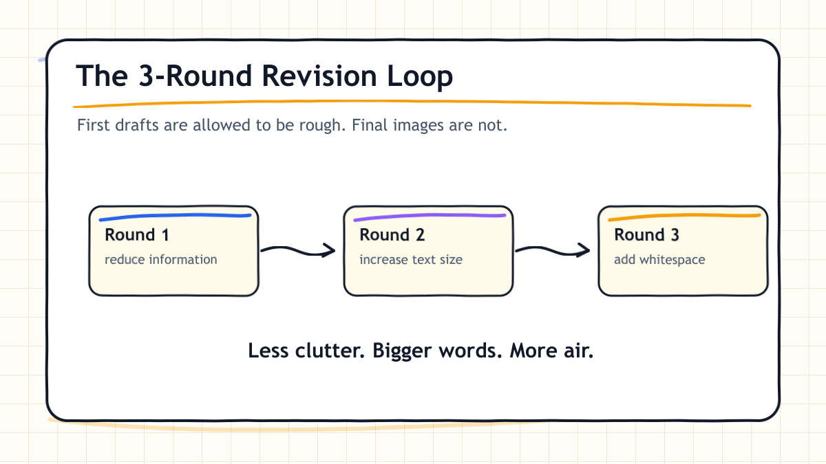 Hand-drawn infographic showing a three-round revision loop for ChatGPT Images 2.0: reduce information, increase text size, add whitespace