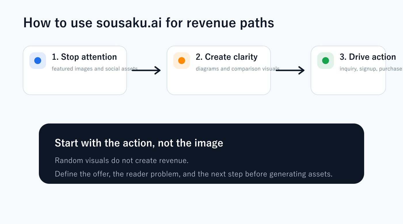 Three-step revenue workflow for using sousaku.ai in content marketing