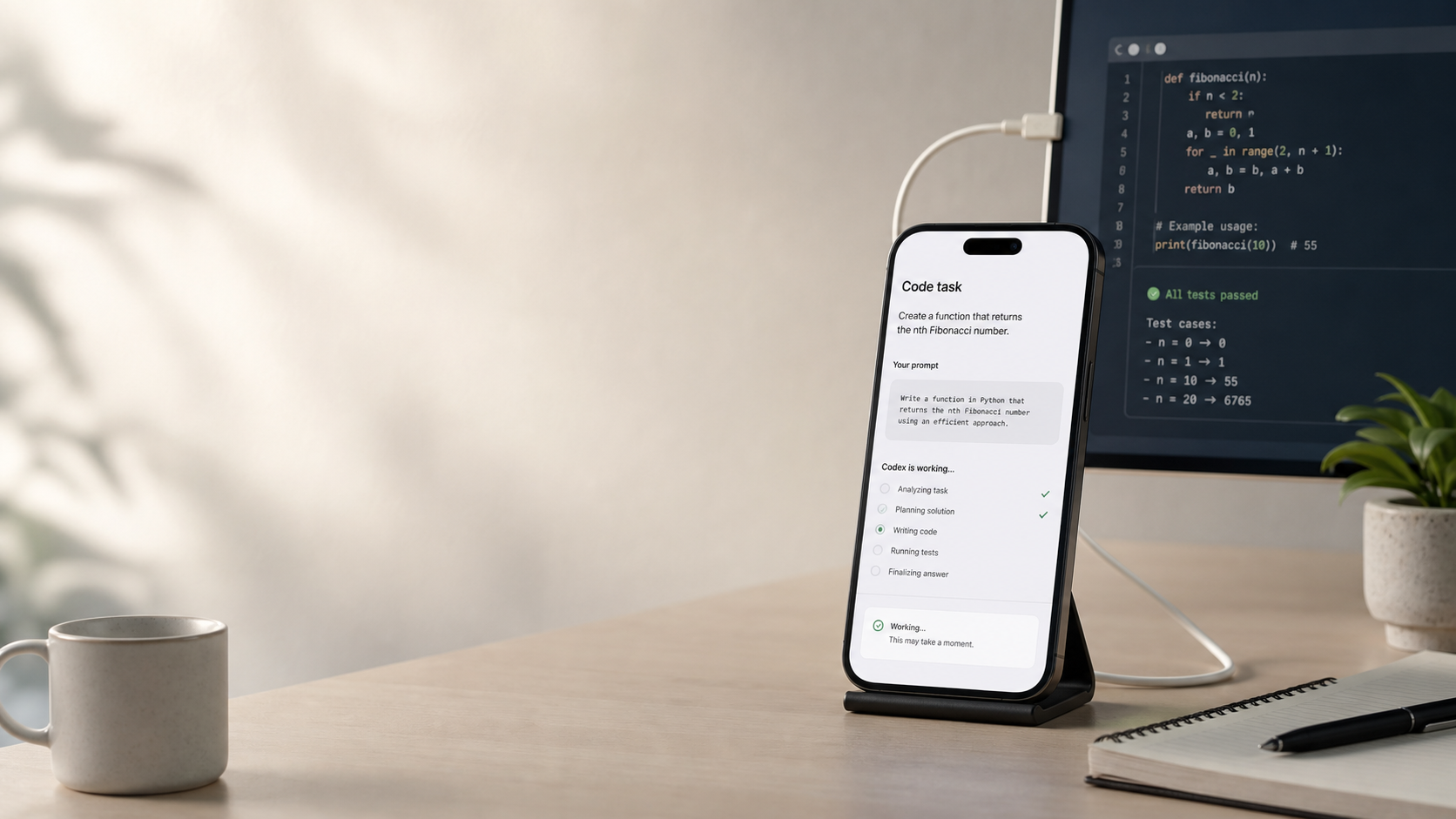 Codex mobile workflow showing a phone connected to a desktop coding session
