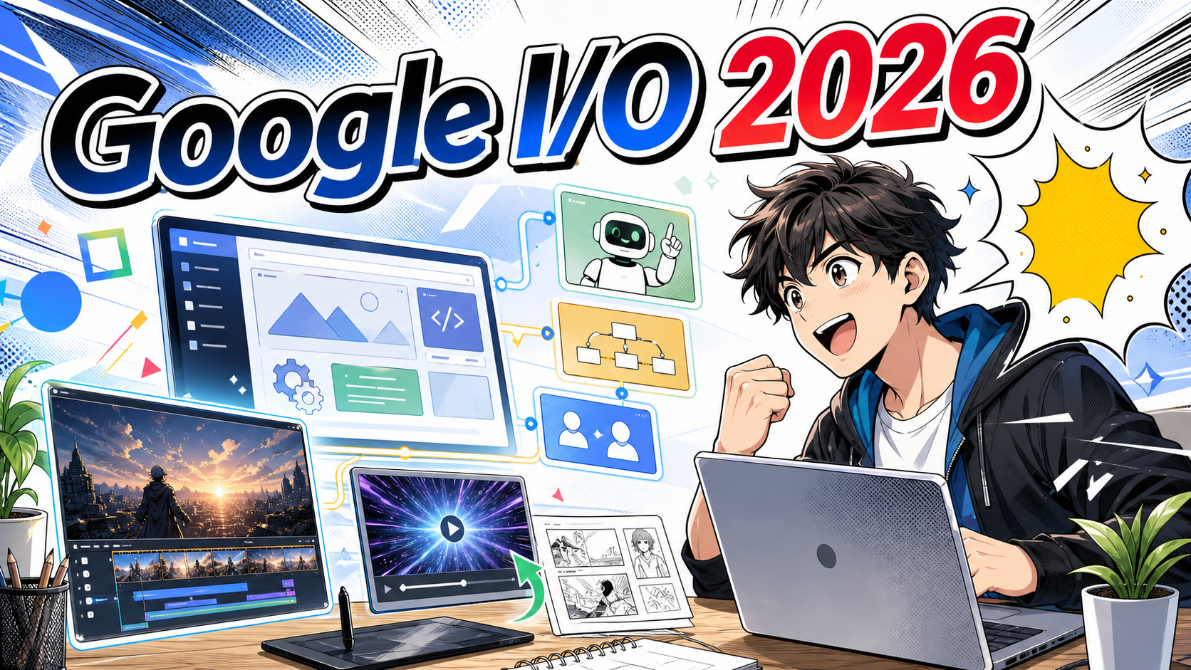 Manga-style Google I/O 2026 AI Studio and Gemini Omni thumbnail