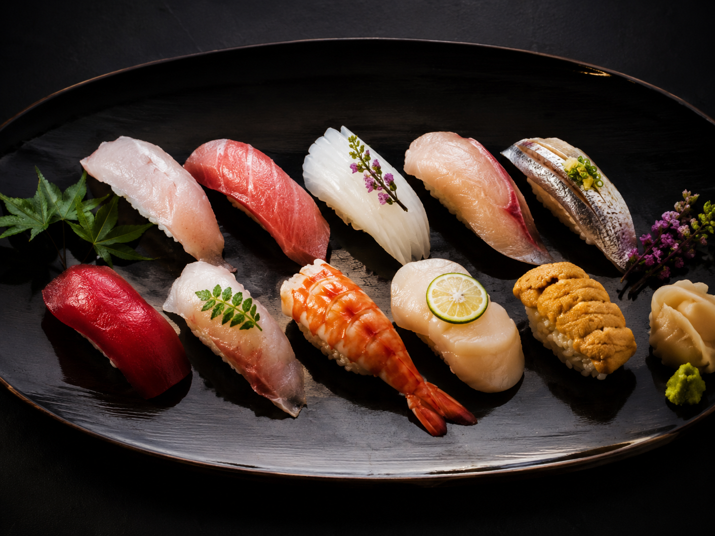 Omakase menu section laid out on a dark background with gold labels