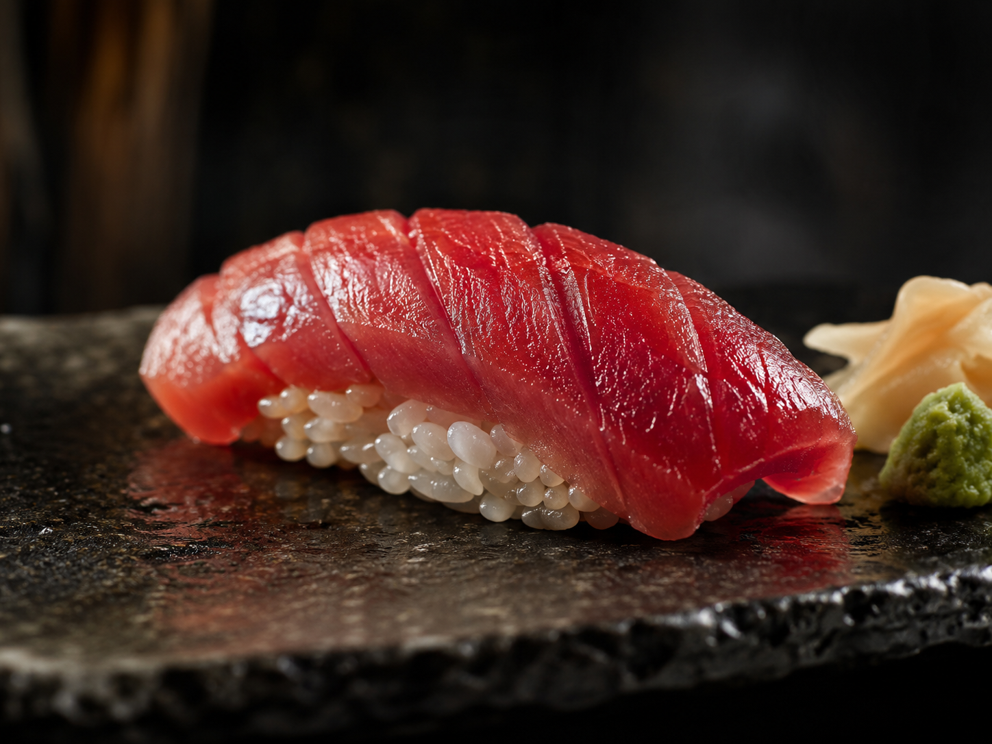 Gallery image of plated sushi shot in warm, low-key lighting
