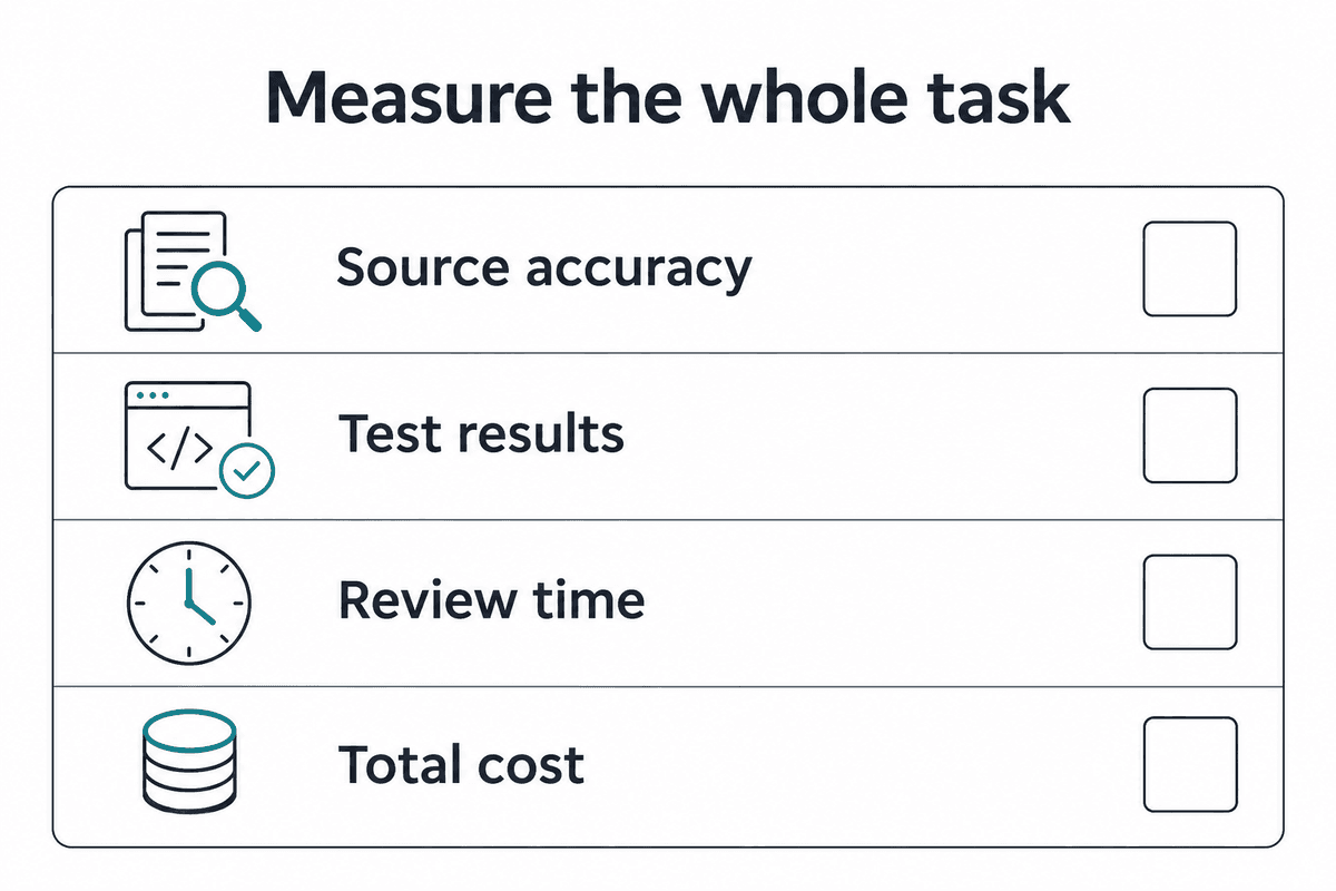 Evaluate source accuracy, test results, review time, and total cost.