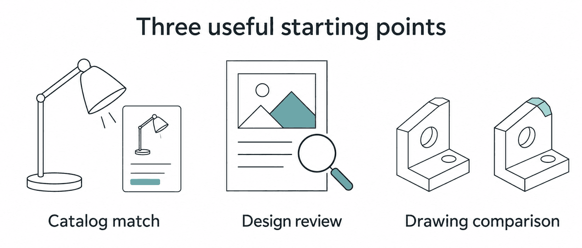 Three GPT-6.1 Terra starting points: catalog matching, design review, and drawing comparison.