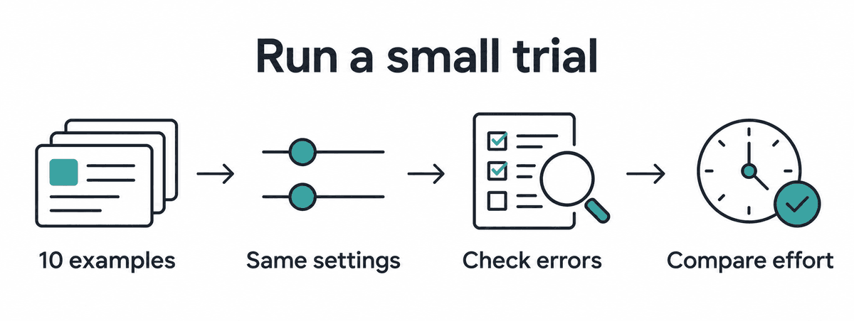 Evaluate 10 examples with the same settings, check errors, and compare total effort.