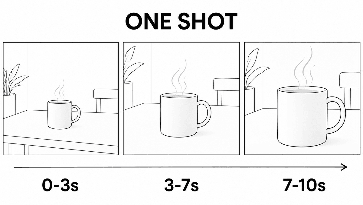 A planned 10-second coffee shot keeps one mug consistent as the camera slowly moves closer.